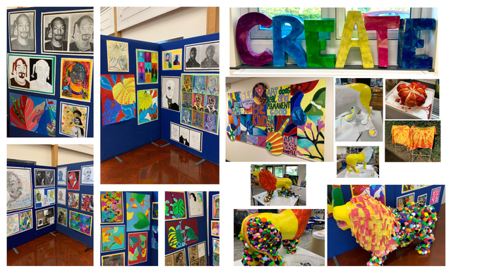A selection of images showing the colourful displays of artwork at Manchester Hospital School's GCSE art exhibition. 