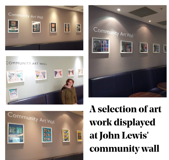 A selection of art work displayed at John Lewis' community wall by students at Manchester Hospital schools