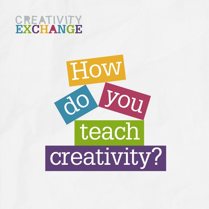 Words stacked on top of each other in coloured blocks that says How do you teach creativity? 